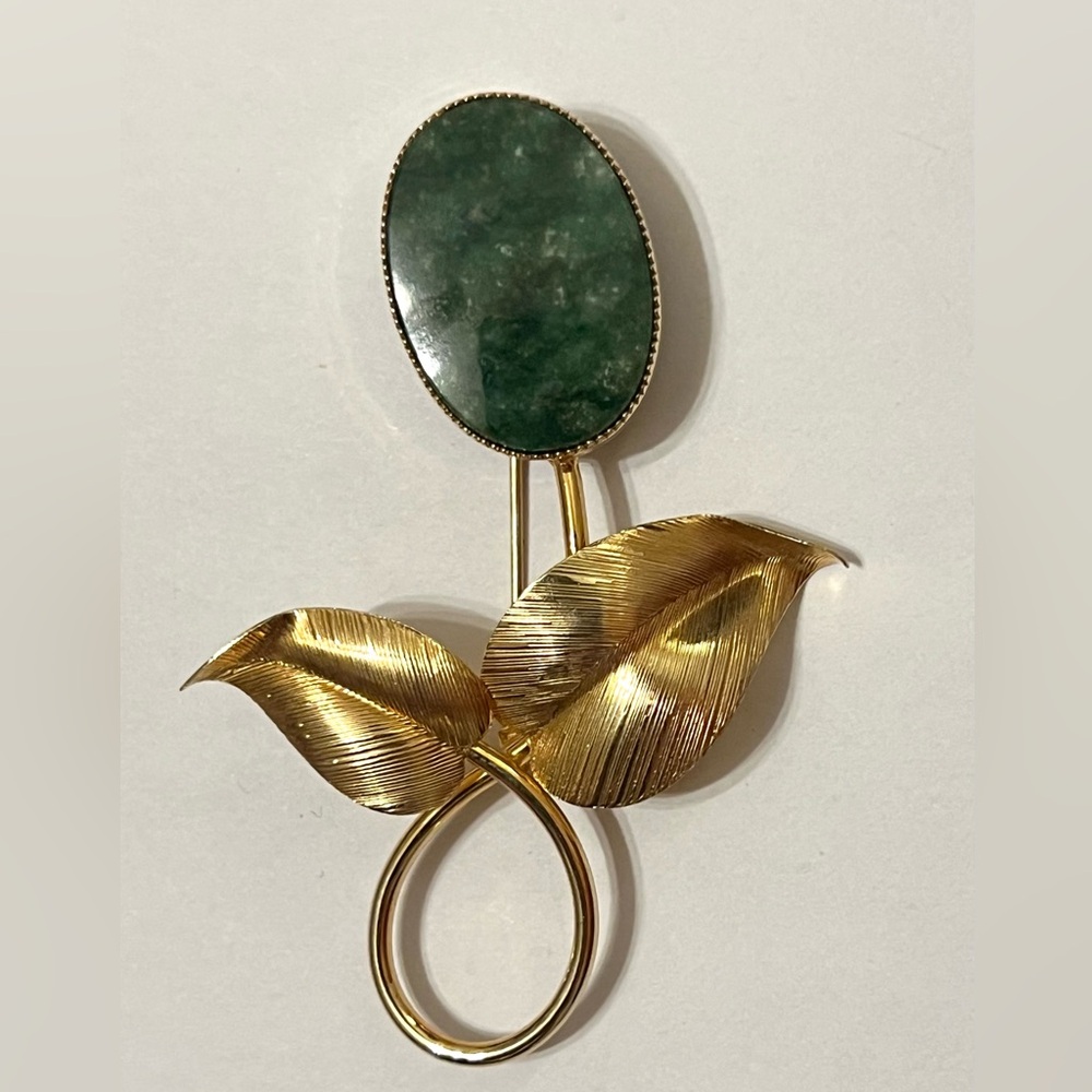 Vintage Mid Century Jade Leaf Brooch Pin - 1/20 12K GF- Rolyn R INC / HNC